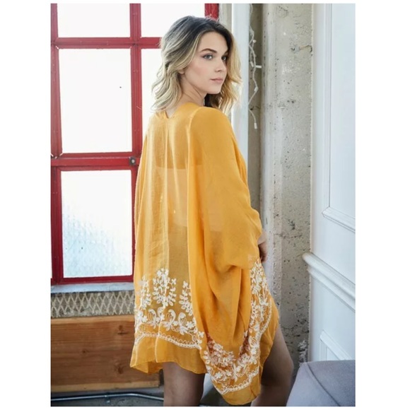 SOLD OUT Mustard Floral Embroidered Sheer Kimono Wrap Top - Picture 4 of 5